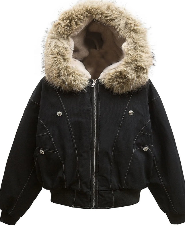 Men's Faux Fur Hooded Zip Up Jacket Black