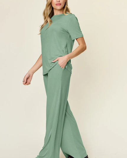 Double Take Full Size Round Neck Short Sleeve T-Shirt and Wide Leg Pants Set