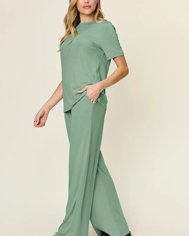 Double Take Full Size Round Neck Short Sleeve T-Shirt and Wide Leg Pants Set