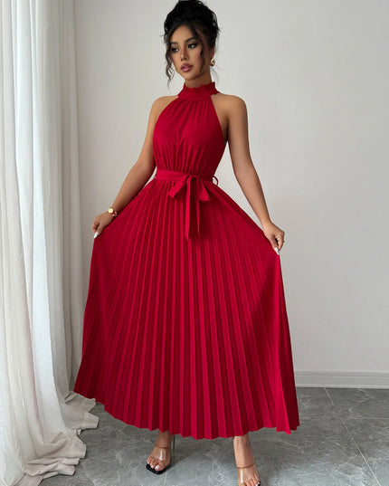 Pleated Halter Neck Tie Waist Maxi Dress