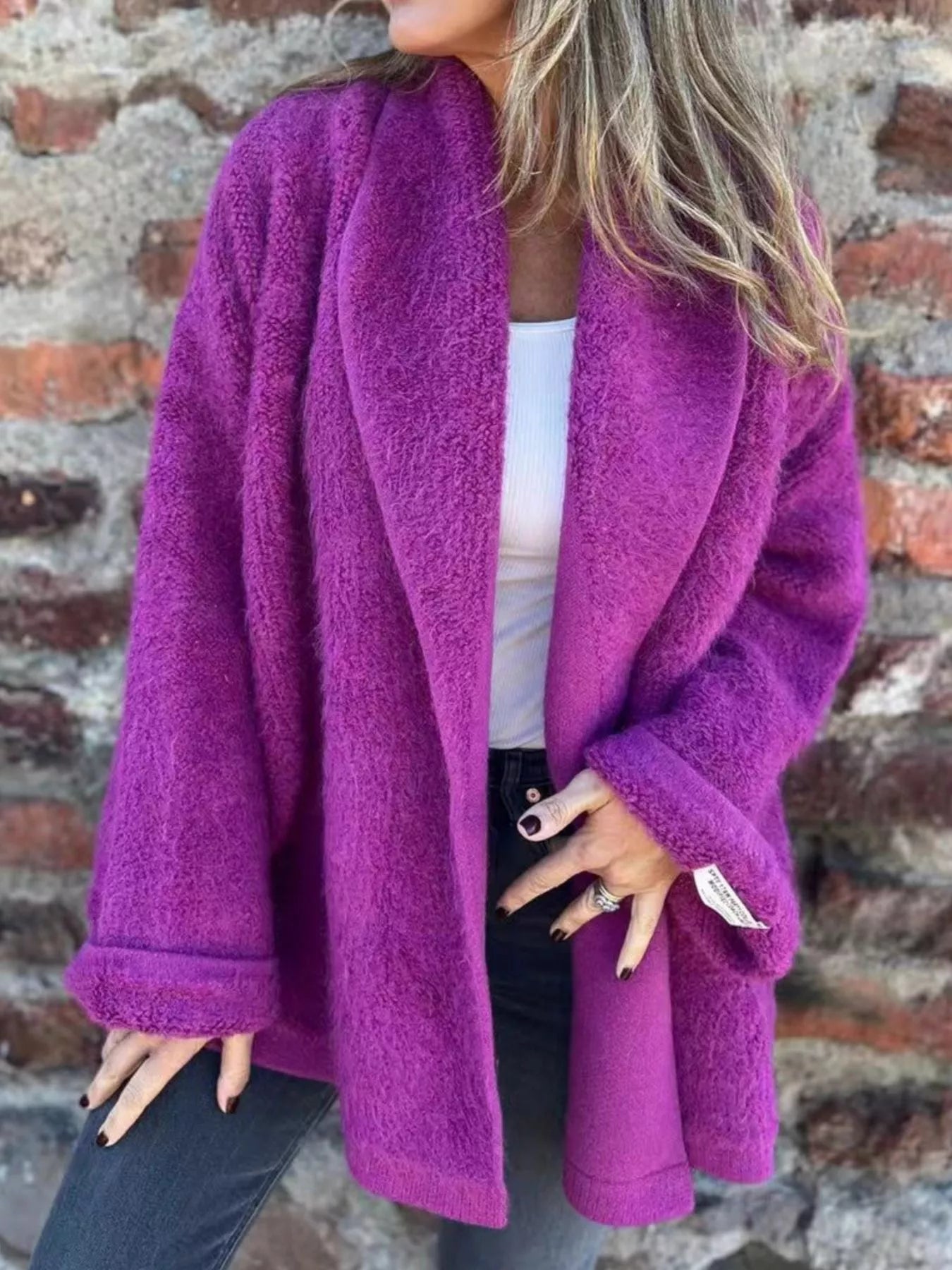 Open Front Long Sleeve Fluffy Jacket Purple