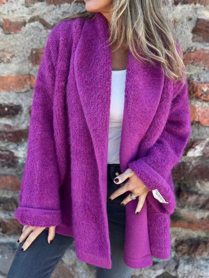 Open Front Long Sleeve Fluffy Jacket Purple