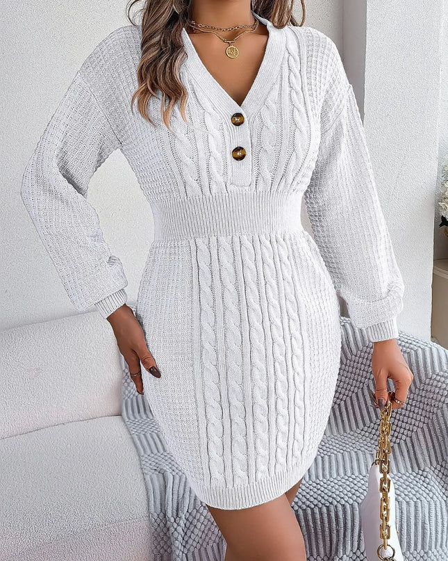 Buttoned Cable-Knit V-Neck Sweater Dress