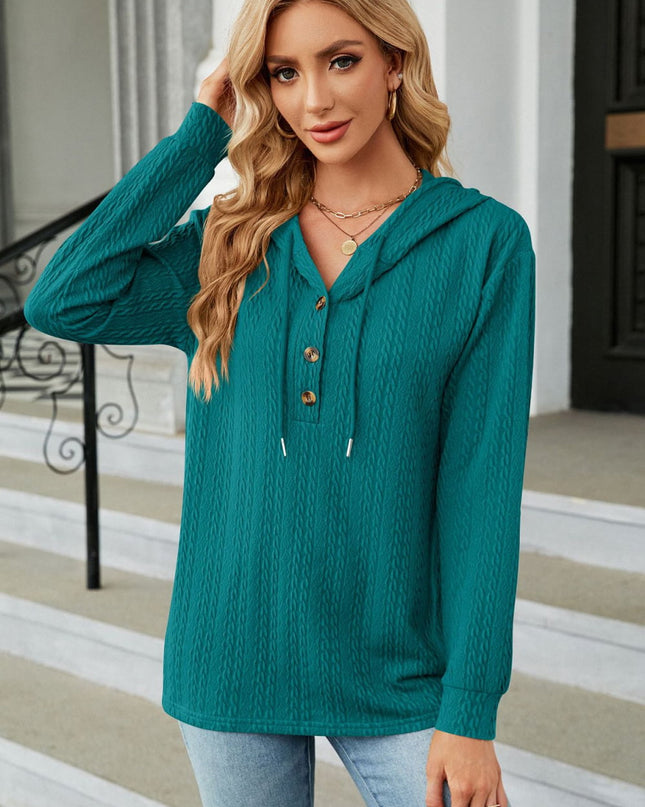 Cable-Knit Long Sleeve Hoodie Deep Teal