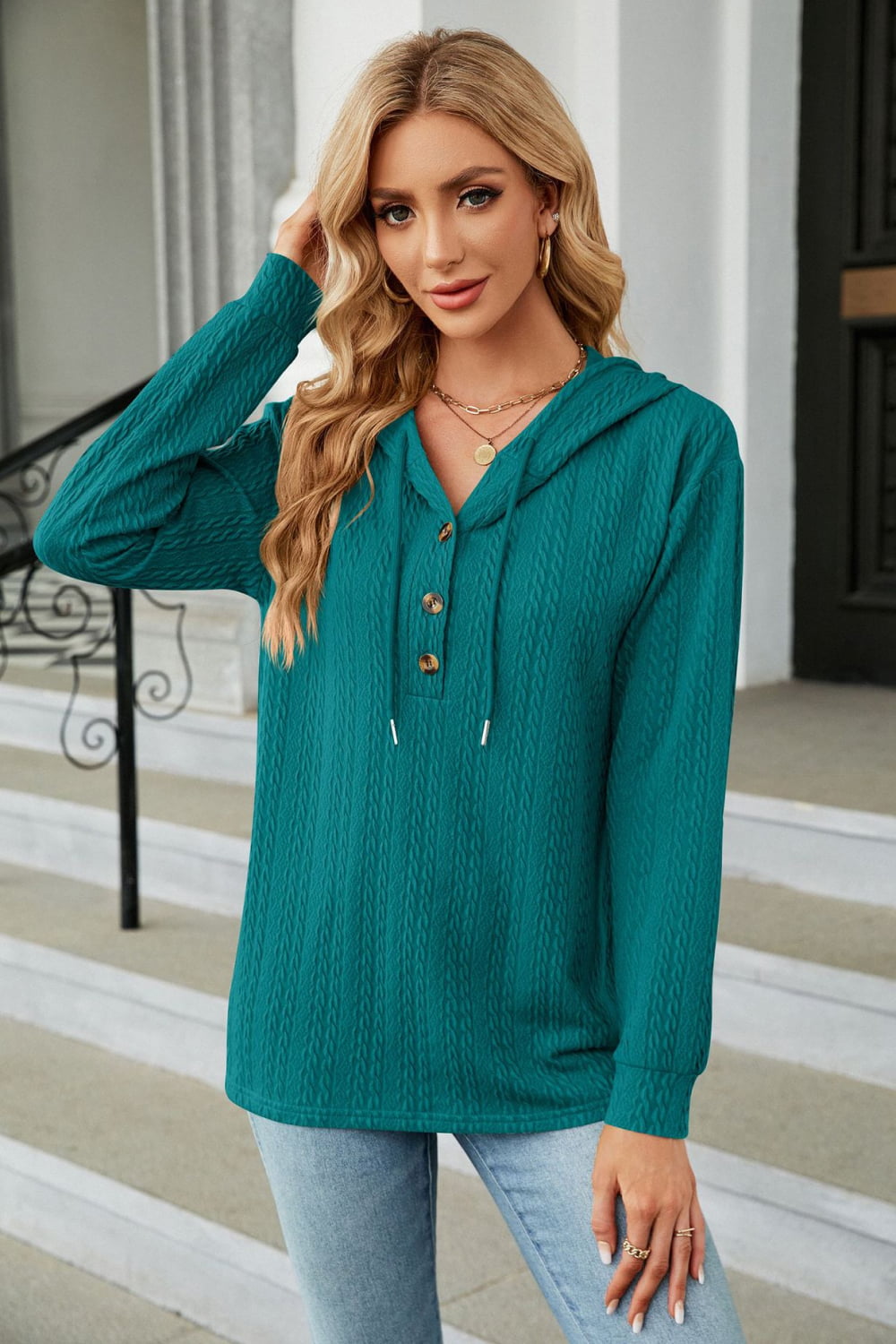 Cable-Knit Long Sleeve Hoodie Deep Teal
