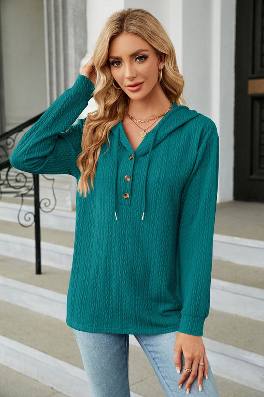 Cable-Knit Long Sleeve Hoodie Deep Teal