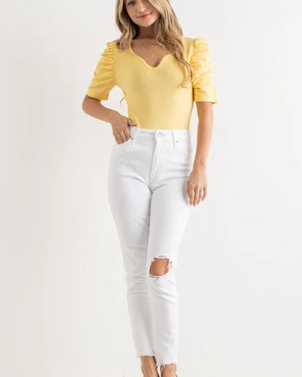 And The Why Shirring Puff Sleeve Bodysuit