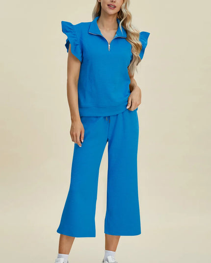 Double Take Full Size Texture Ruffle Short Sleeve Top and Wide Leg Pants Set