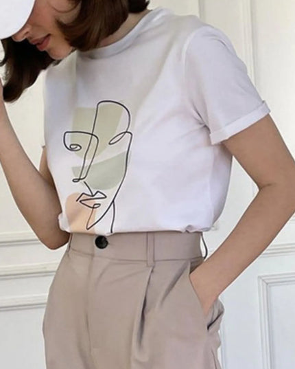 Abstract Face Graphic Casual Round Neck T-Shirt