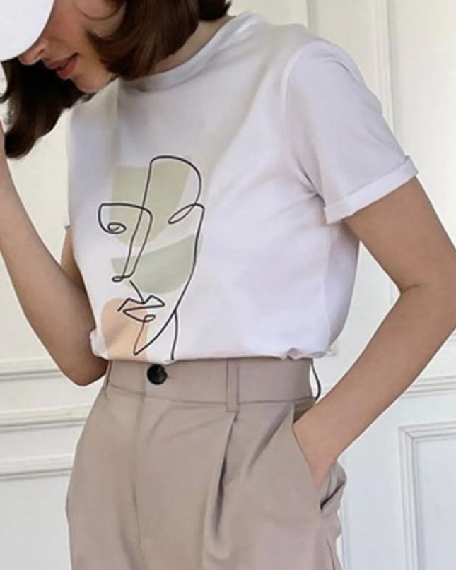 Abstract Face Graphic Casual Round Neck T-Shirt