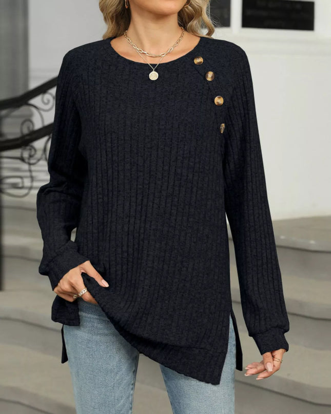 Ribbed Round Neck Long Sleeve T-Shirt