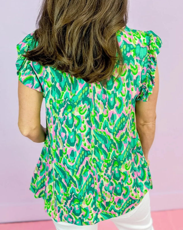 Abstract Print Ruffled Trim Tie Neck Top