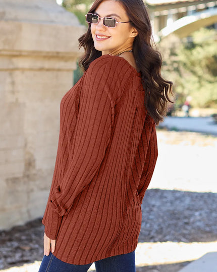 Basic Bae Full Size Ribbed Round Neck Long Sleeve Knit Top