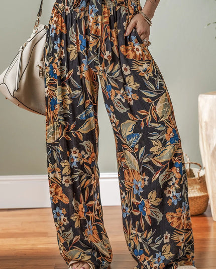 Floral Shirred High Waist Wide Leg Pants with Tie Black