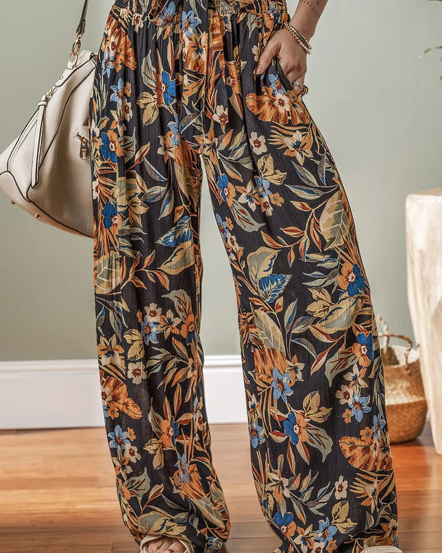 Floral Shirred High Waist Wide Leg Pants with Tie Black