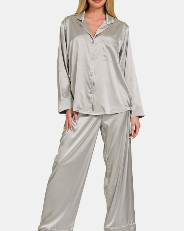 Zenana Satin Long Sleeve Shirt and Pants Pajama Set Silver