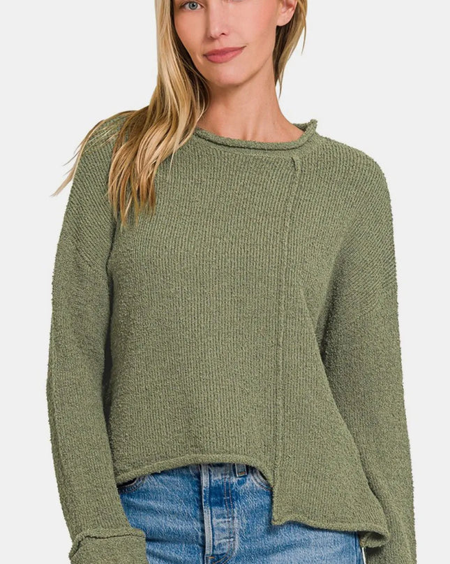 Zenana Asymmetric Hem Drop Shoulder Sweater