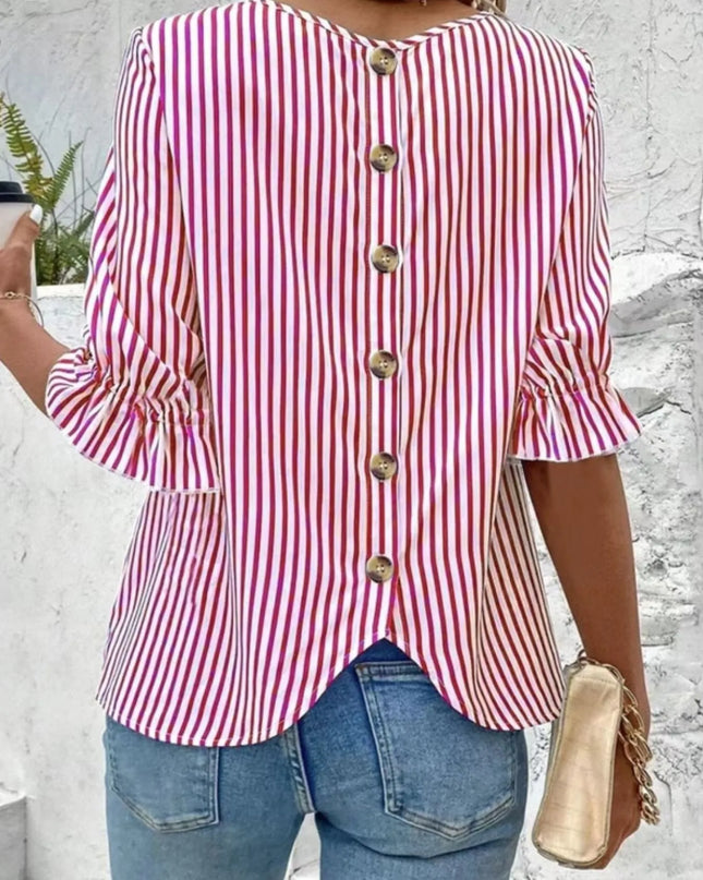 Striped Round Neck Half Sleeve Casual Blouse