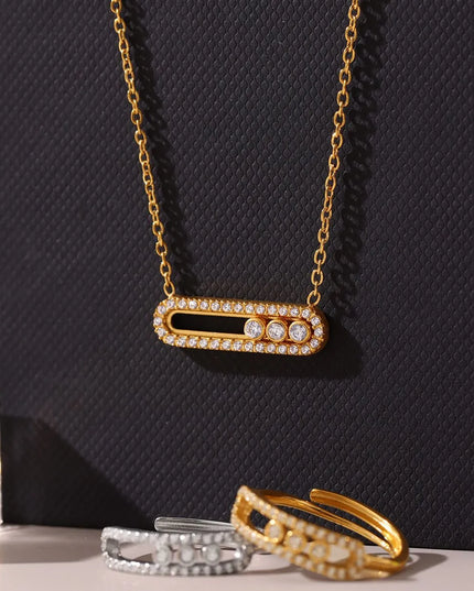 Moving Crystal Bar Necklace and Ring Jewelry Set 