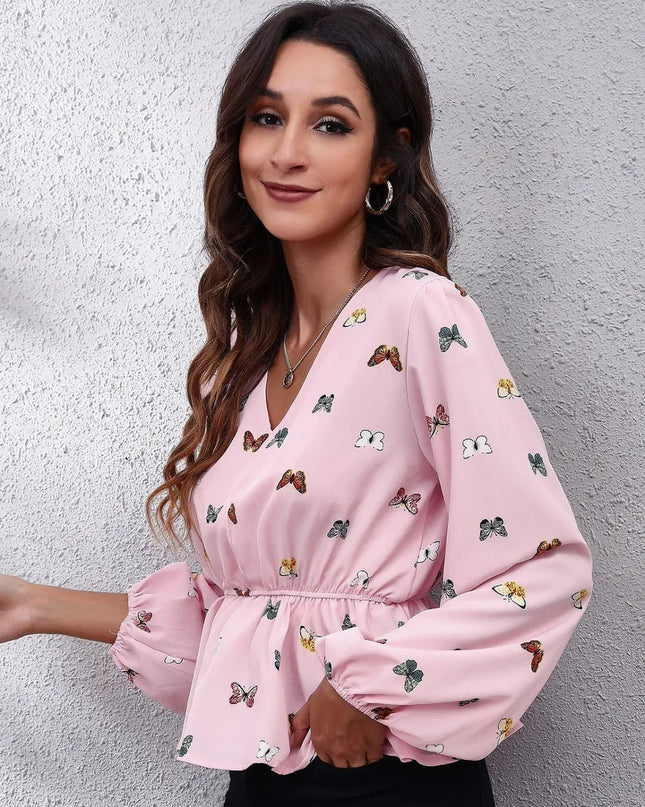 Butterfly V-Neck Balloon Sleeve Peplum Blouse