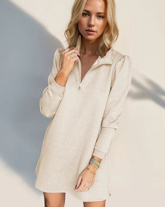 Double Take Textured Quarter Zip Long Sleeve Dress Dust Storm
