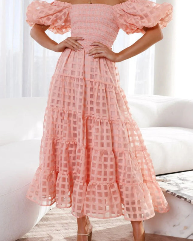 Off Shoulder Short Puff Sleeve Midi Dress