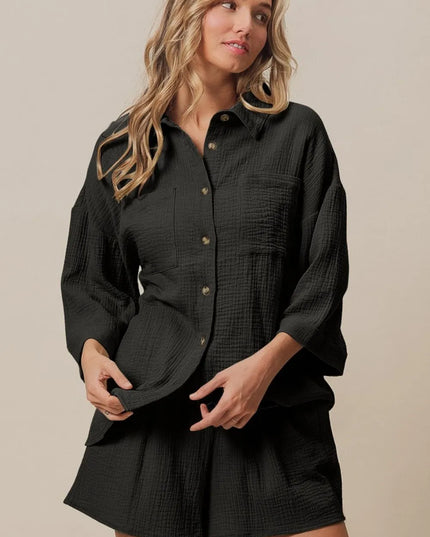 BiBi Crinkle Gauze Shirt and Short Set BLACK