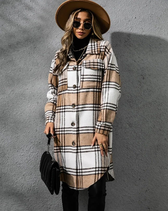 Plaid Collared Neck Long Sleeve Coat