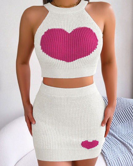 Heart Contrast Ribbed Sleeveless Knit Top and Skirt Set White