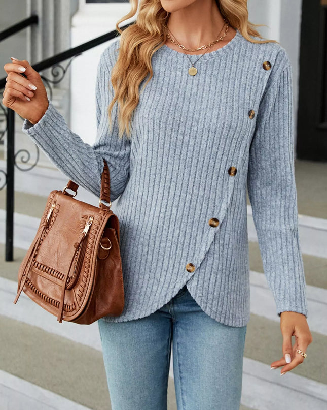 Ribbed Knit Decor Button T-Shirt