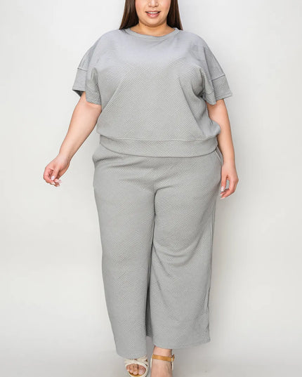 Double Take Full Size Texture Short Sleeve Top and Pants Set