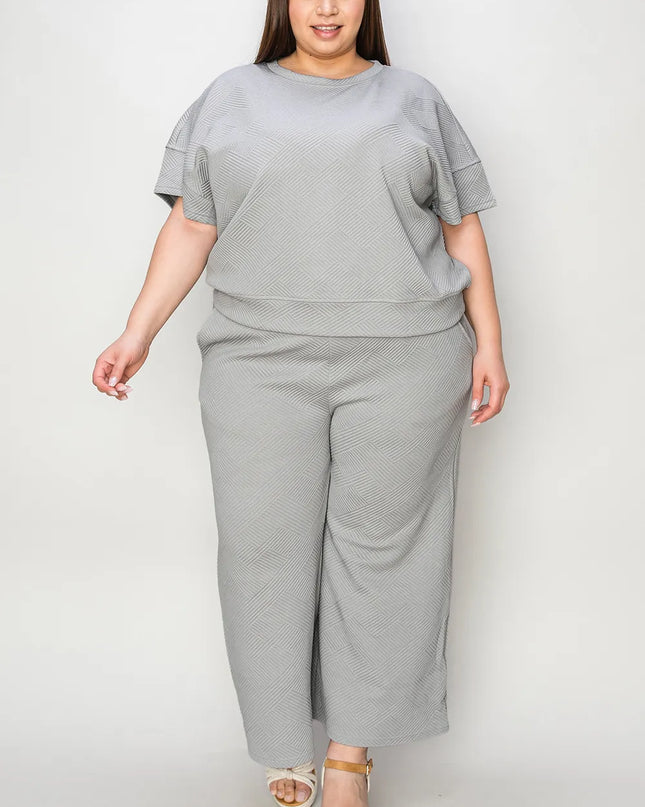 Double Take Full Size Texture Short Sleeve Top and Pants Set