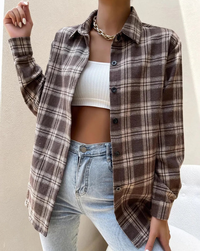Oversized Plaid Button-Up Shirt Brown