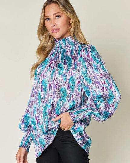 Double Take Full Size Printed Smocked Long Sleeve Blouse