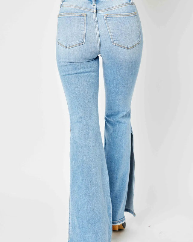 Judy Blue Full Size Mid Rise Raw Hem Slit Flare Jeans