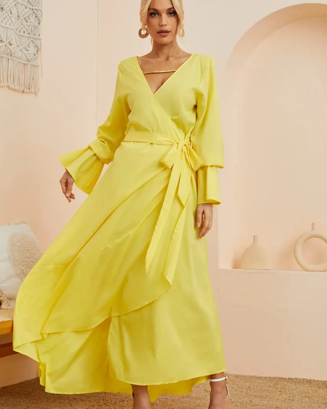 Ruffled Wrap Maxi Dress with Bell Sleeves