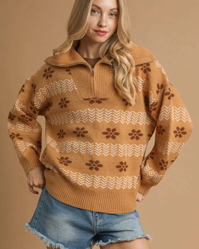 Umgee Floral Patterned Jacquard Quarter-Zip Pullover Sweater TAUPE