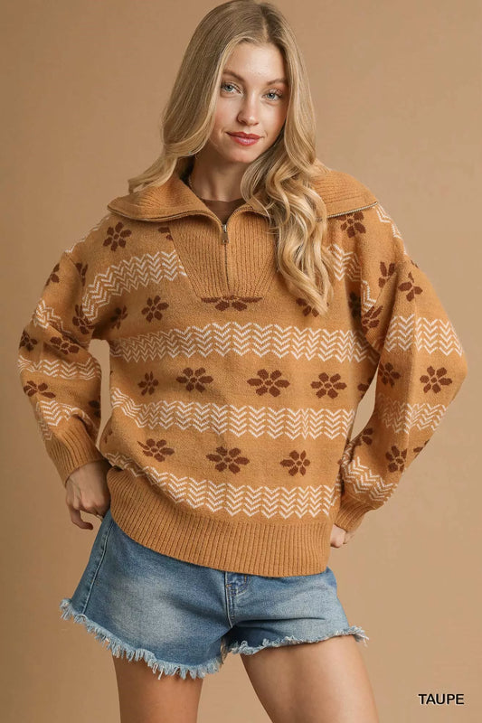 Umgee Floral Patterned Jacquard Quarter-Zip Pullover Sweater TAUPE