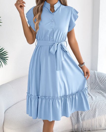 Tie Waist Ruffled Cap Sleeve Dress