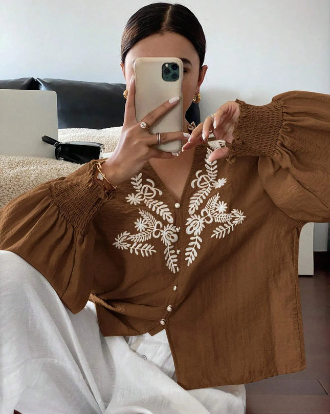 Embroidered Lantern Sleeve Blouse