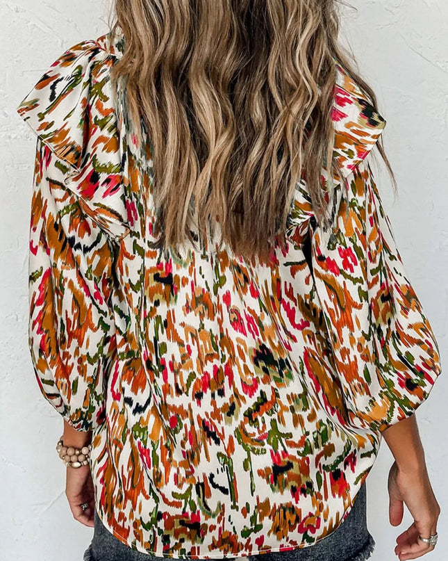 Abstract Print 3/4 Sleeve Ruffle Blouse