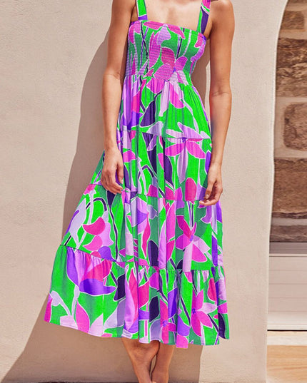 Floral Tie-Shoulder Smocked Midi Dress Pink