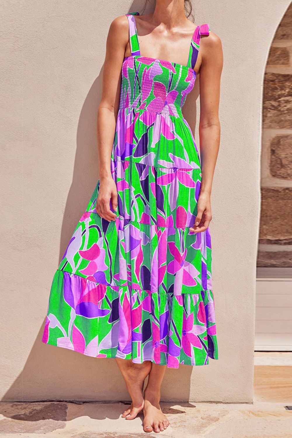 Floral Tie-Shoulder Smocked Midi Dress Pink