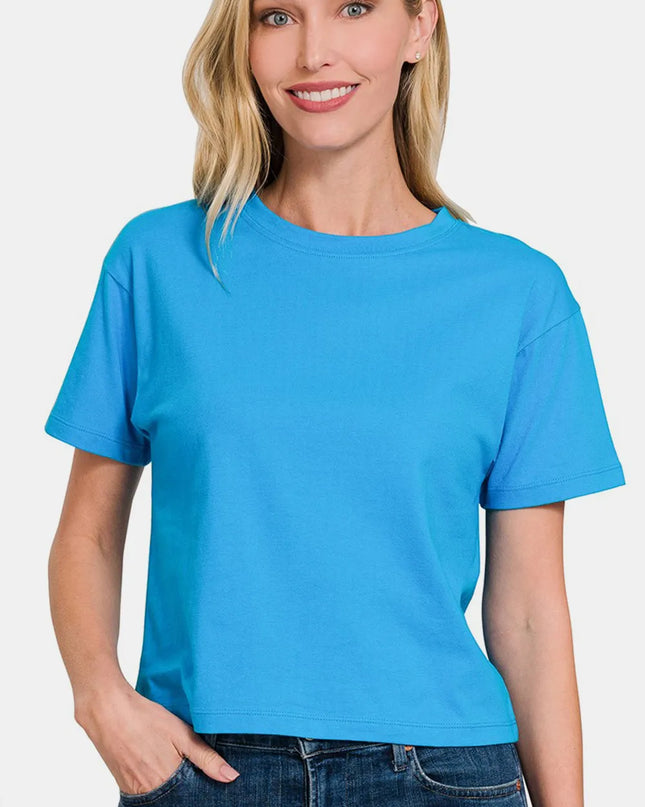 Zenana Round Neck Short Sleeve Cropped T-Shirt Deep Sky