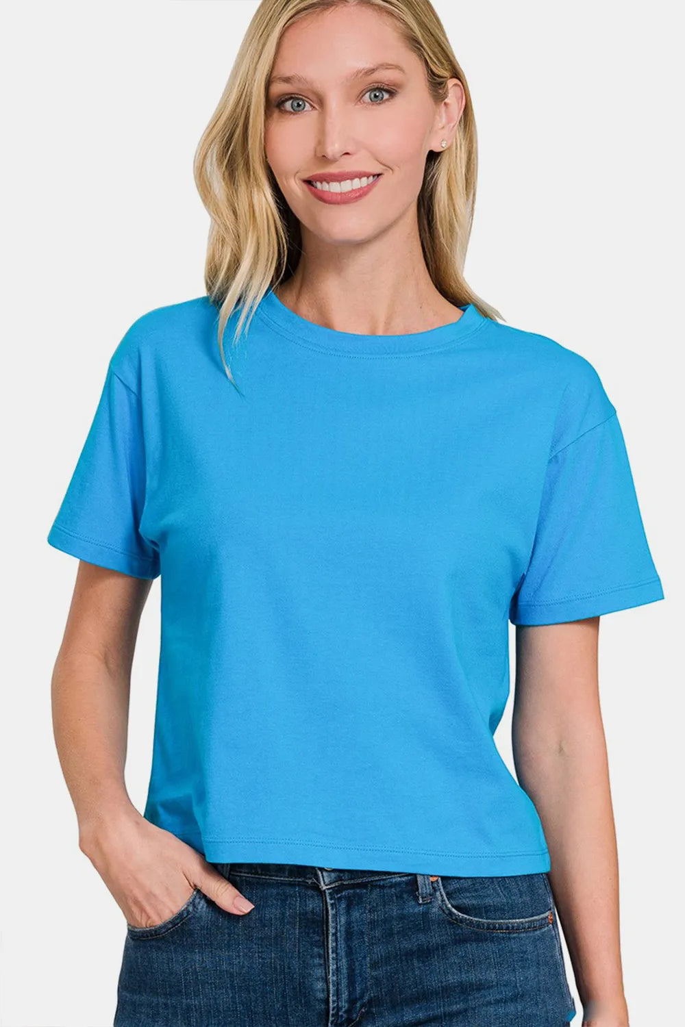 Zenana Round Neck Short Sleeve Cropped T-Shirt Deep Sky