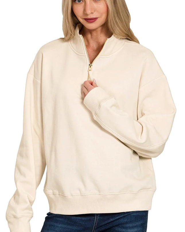 Zenana Fleece Half Zip Sweatshirt SAND BEIGE