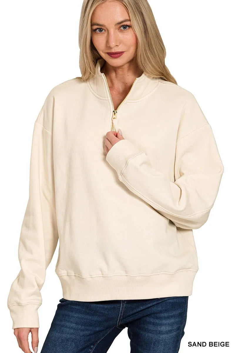 Zenana Fleece Half Zip Sweatshirt SAND BEIGE