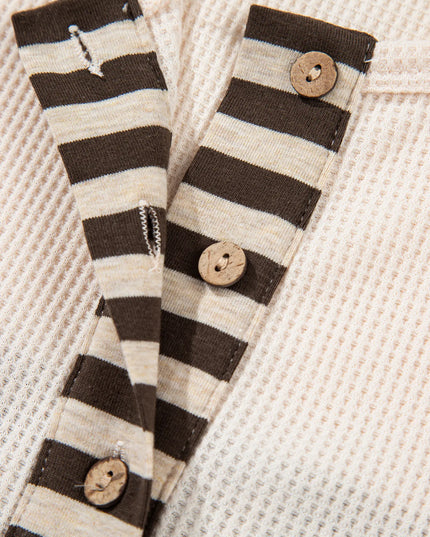 Waffle Stripe Plaid Patchwork Henley Knit Top