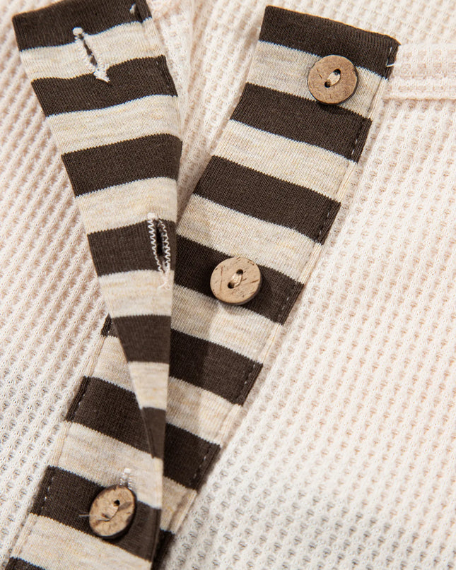 Waffle Stripe Plaid Patchwork Henley Knit Top