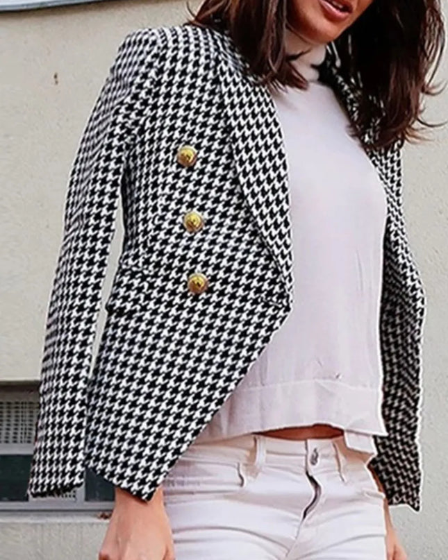 Lapel Collar Long Sleeve Blazer Houndstooth